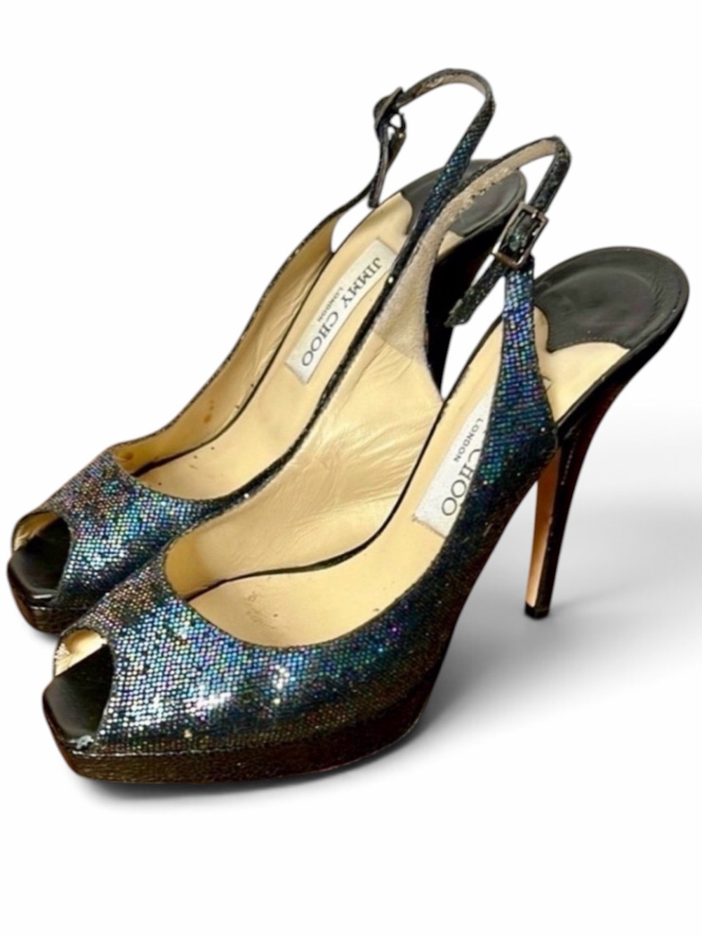 Jimmy Choo Black Glitter Peep Toe Slingback Heels Size 37/US 7